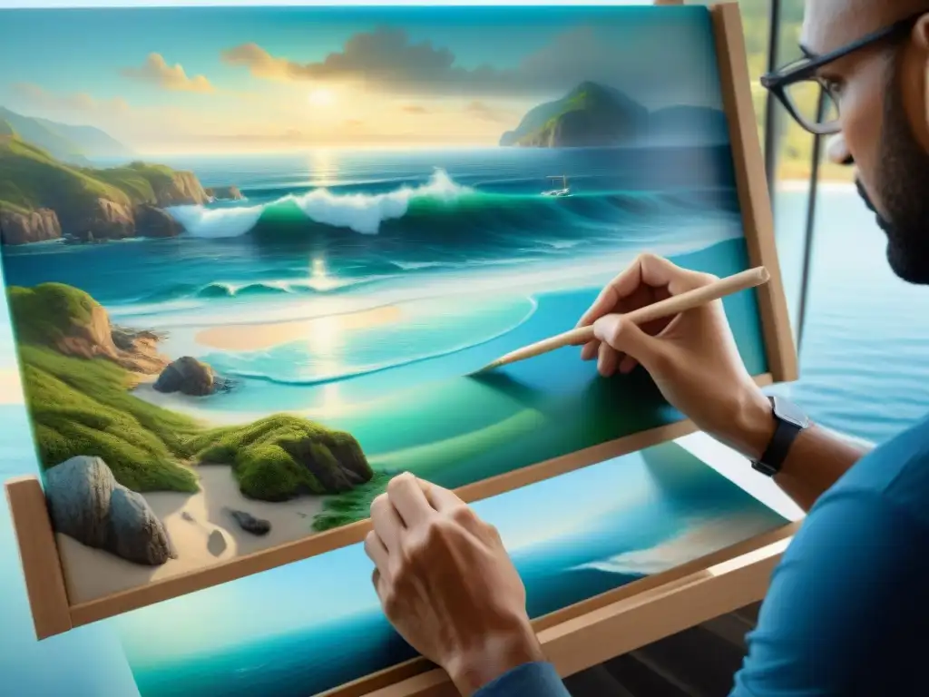 Arte costero: Detalle de artista pintando paisaje marino vibrante Pintura de paisaje marino detallado en tonos azules y verdes