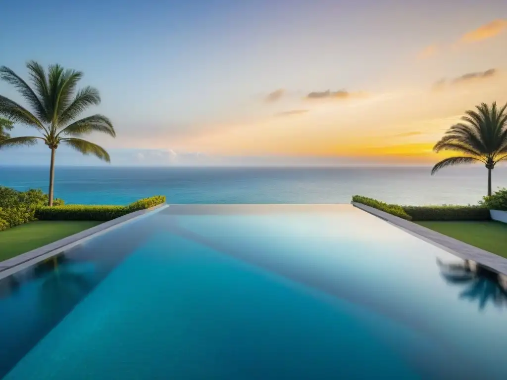 Piscina infinita de lujo: atardecer dorado en paraíso costero Piscina de borde infinito costera en el océano turquesa al atardecer dorado, con palmeras y sillas de descanso