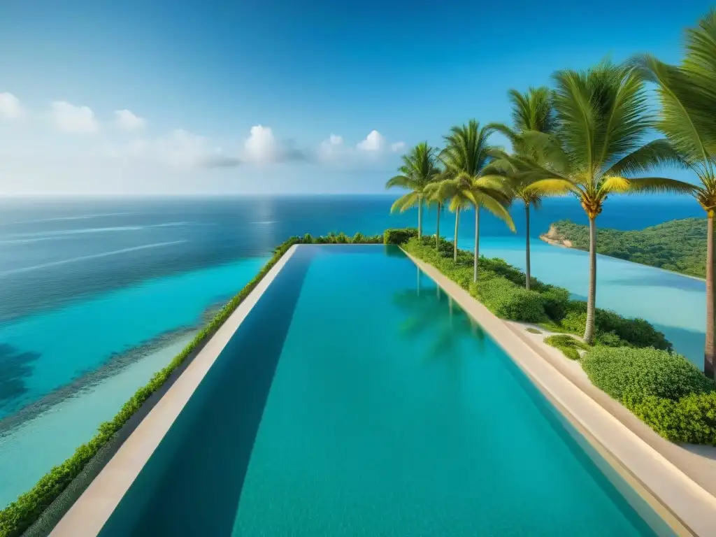 Paraíso infinito: piscina de lujo en el mar turquesa Una piscina infinita de diseño costero se funde con el mar turquesa, rodeada de palmeras y una playa dorada en un paraíso tropical