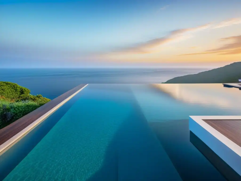 Espectacular piscina infinita en paisaje costero Piscina infinita de diseño costero fusionándose con el mar al atardecer