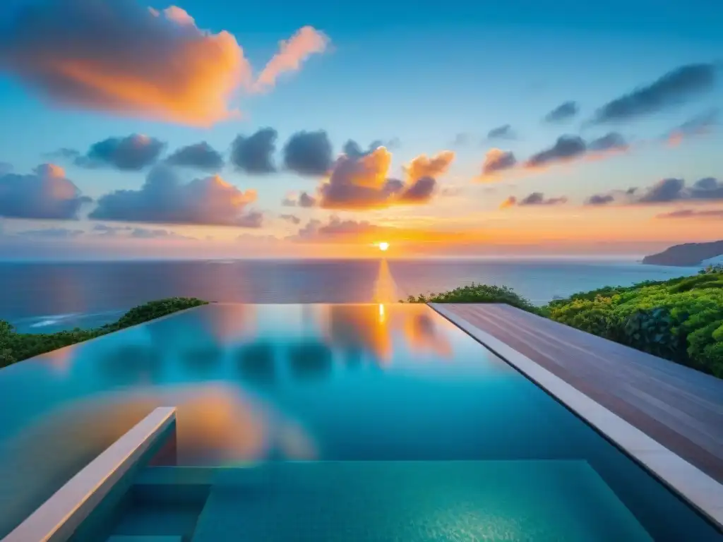 Espejo de atardecer: piscina infinita de lujo en la costa Piscinas de borde infinito costeras: una piscina de lujo con vista al mar, reflejando los colores del atardecer en un entorno sofisticado y tranquilo