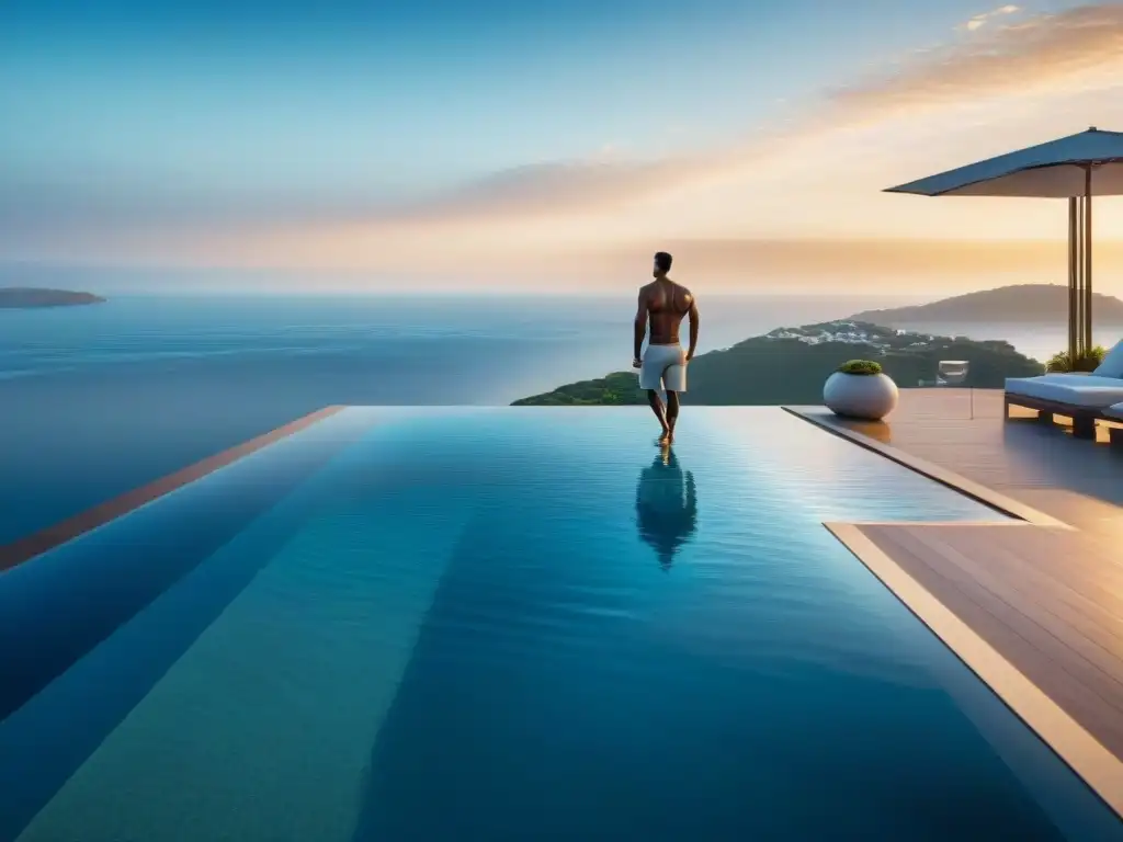 Esplendor costero: piscina infinita dorada fusionándose con el mar Piscinas de borde infinito costeras con villa moderna en paisaje costero al atardecer