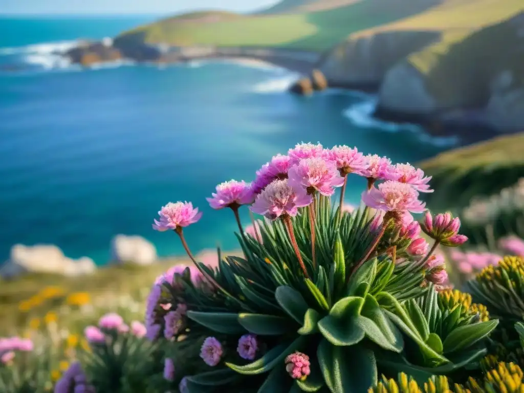 Flor de mar vibrante en la costa: resiliencia y belleza Planta para jardines costeros: Flores de alhelí marino rosado y morado ondeando suavemente junto al mar, con una gaviota en vuelo