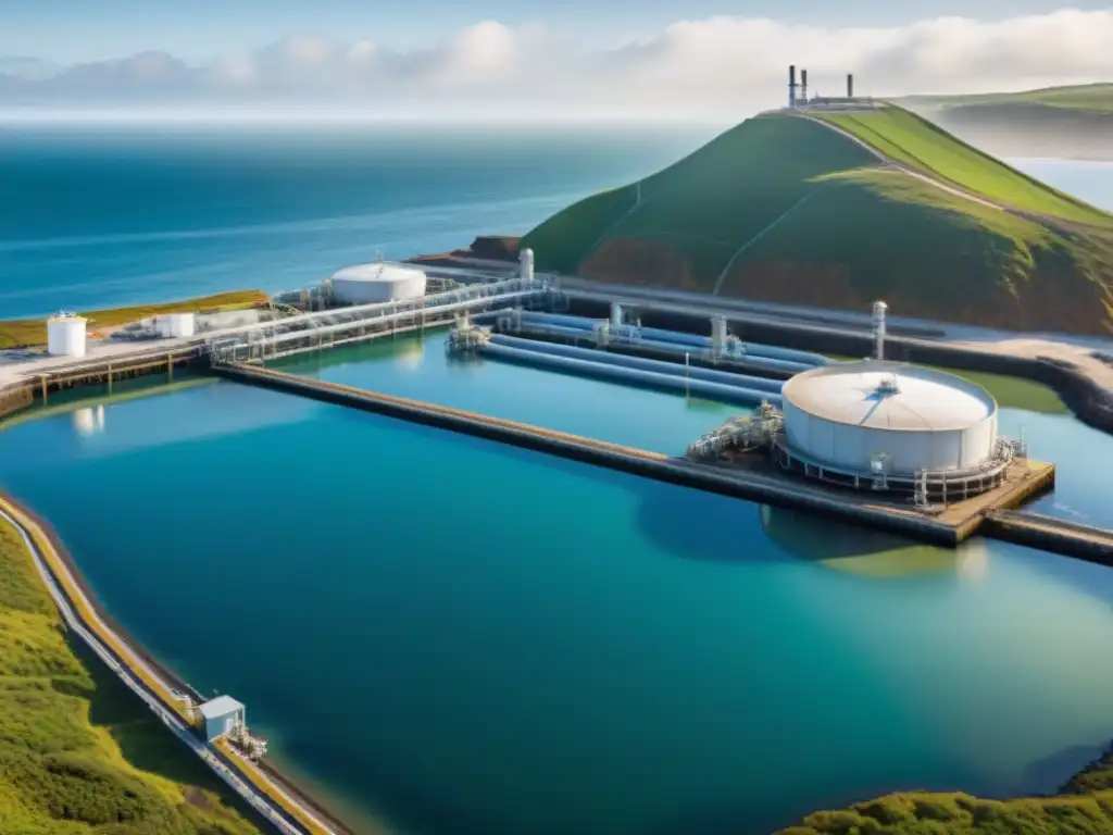 Planta de tratamiento costero: tecnología innovadora en acción Una planta de tratamiento de aguas residuales costeras de vanguardia, con tecnología innovadora integrada en el paisaje marino