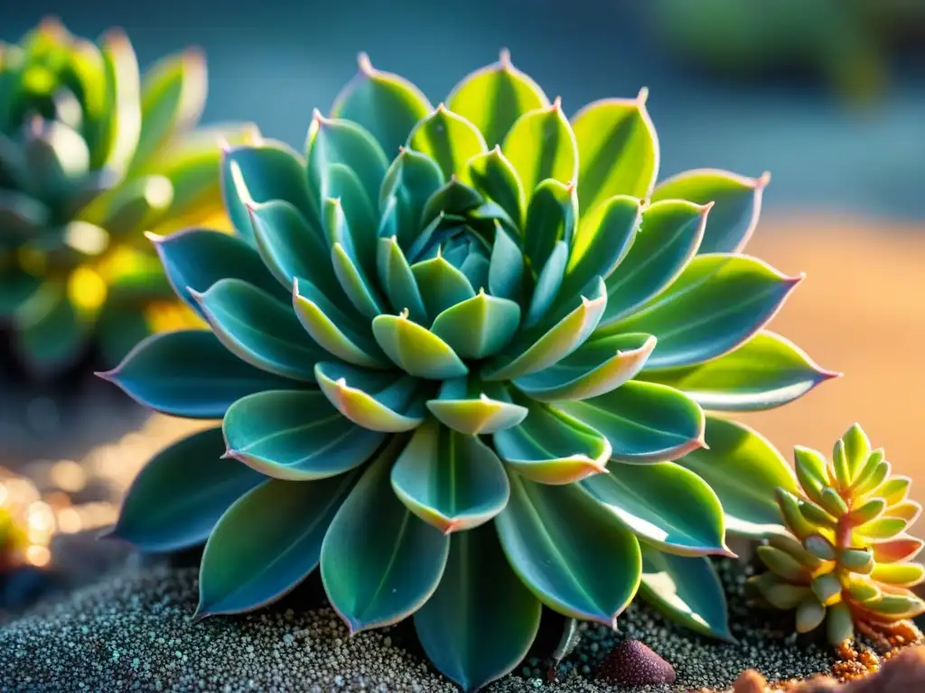 Detalles vibrantes de suculentas costeras bajo el sol Plantas decoración costera cuidados: Detalle de suculentas verdes brillantes en la costa con rocío marino
