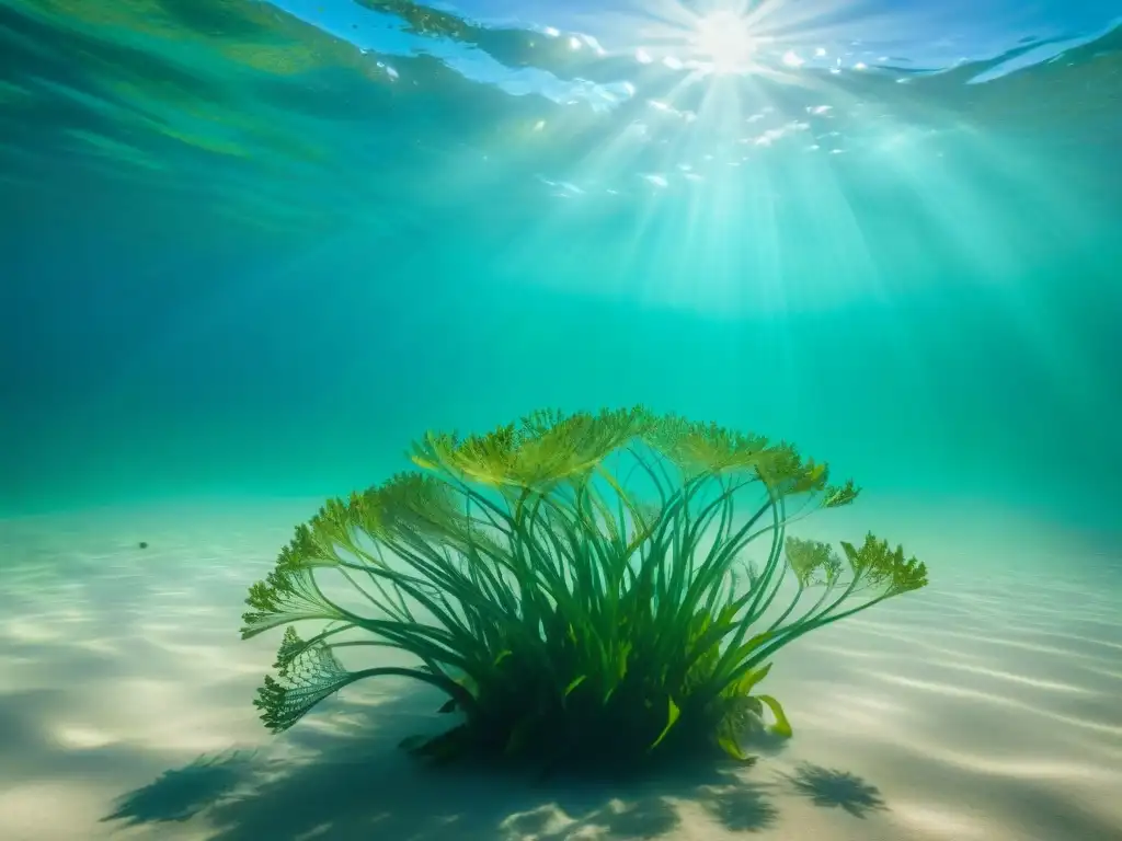 Seagrass vibrante en el océano: belleza submarina Plantas para jardines costeros: Detalle de exuberante vegetación marina verde ondeando suavemente bajo el agua cristalina del océano
