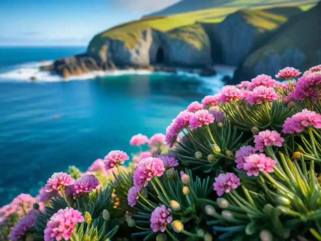 Flor de mar vibrante en la costa: detalle y color Plantas para jardines costeros: Detalle de flores rosadas floreciendo en la costa, con olas de mar de fondo