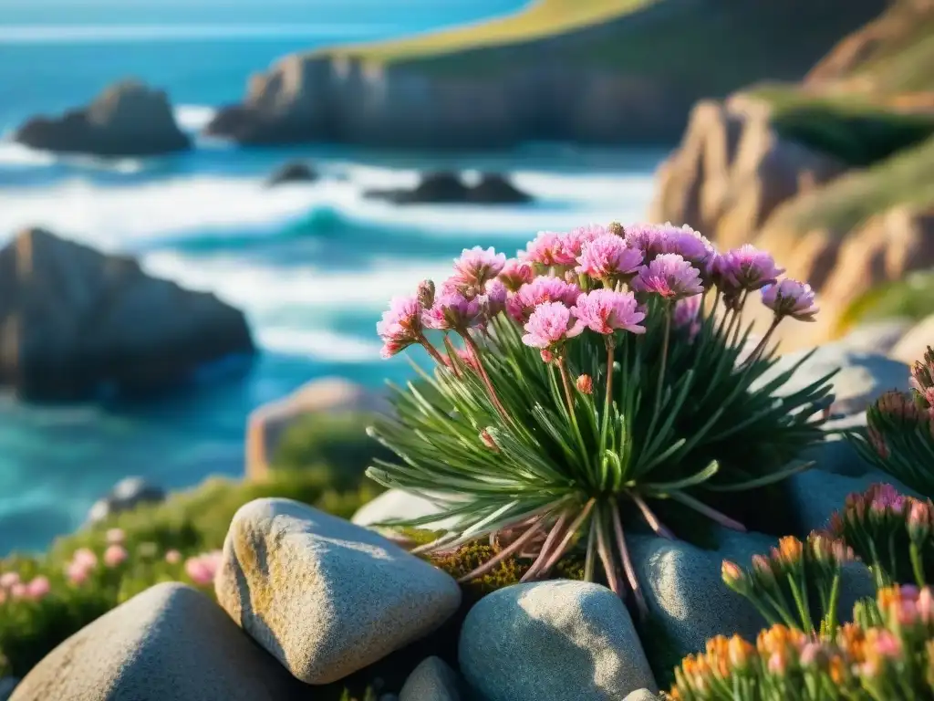 Flor de mar rosada en la costa: belleza y resistencia Plantas para jardines costeros: Detalle de flores rosadas de Armeria marítima en un paisaje costero agreste