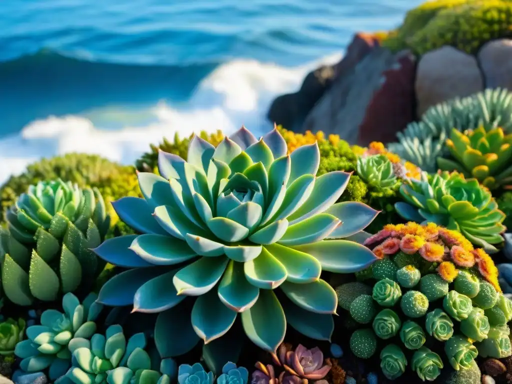Jardín costero: belleza natural en 8k Plantas para jardines costeros: Un jardín costero vibrante con suculentas verdes y flores coloridas, bajo un cielo azul y olas rompiendo