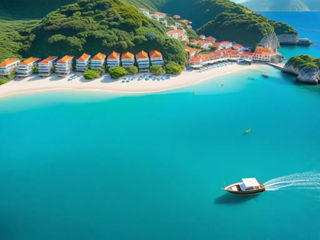Paraíso costero: aguas turquesas, playas doradas y encanto mediterráneo Plataformas de alquiler turismo costero: Vista aérea impresionante de un encantador pueblo costero con aguas turquesas y playas doradas