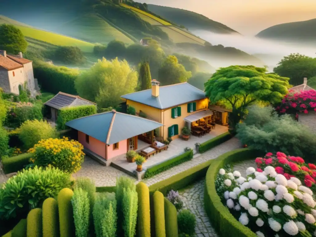 Refugio de ensueño en encantador pueblo tradicional Plataformas alquiler vacacional experiencias auténticas: Vista aérea de acogedora casa de vacaciones en encantador pueblo pintoresco al atardecer