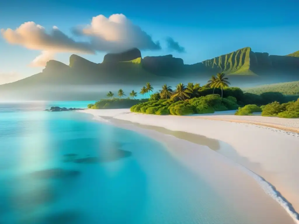 Paraíso tropical en África: playa privada de aguas turquesa y arena blanca Playa africana de lujo con aguas turquesas, arena blanca y palmeras