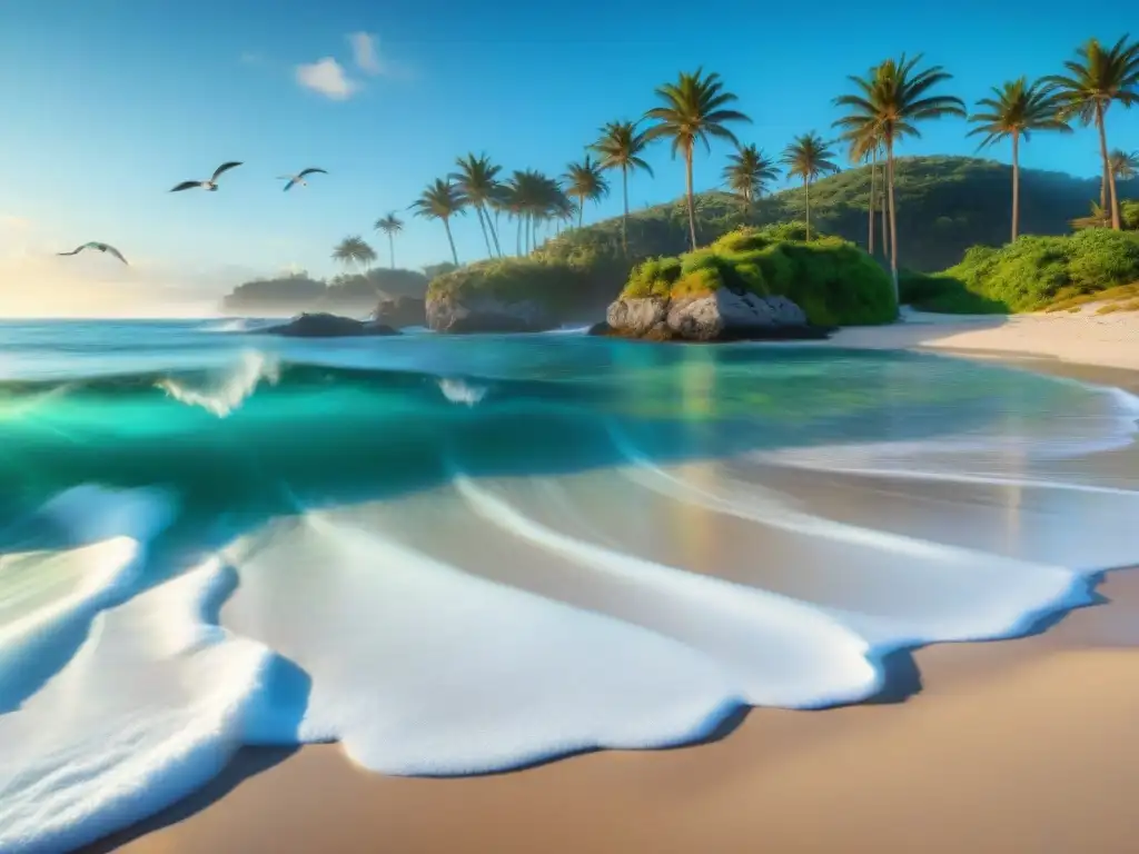Playa virgen con aguas cristalinas, gaviotas y palmeras