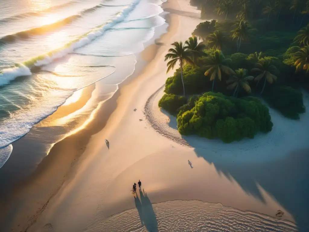 Playa paradisíaca al atardecer: pareja camina de la mano Una playa aislada al atardecer: olas suaves, arena dorada, palmeras meciéndose y una pareja paseando
