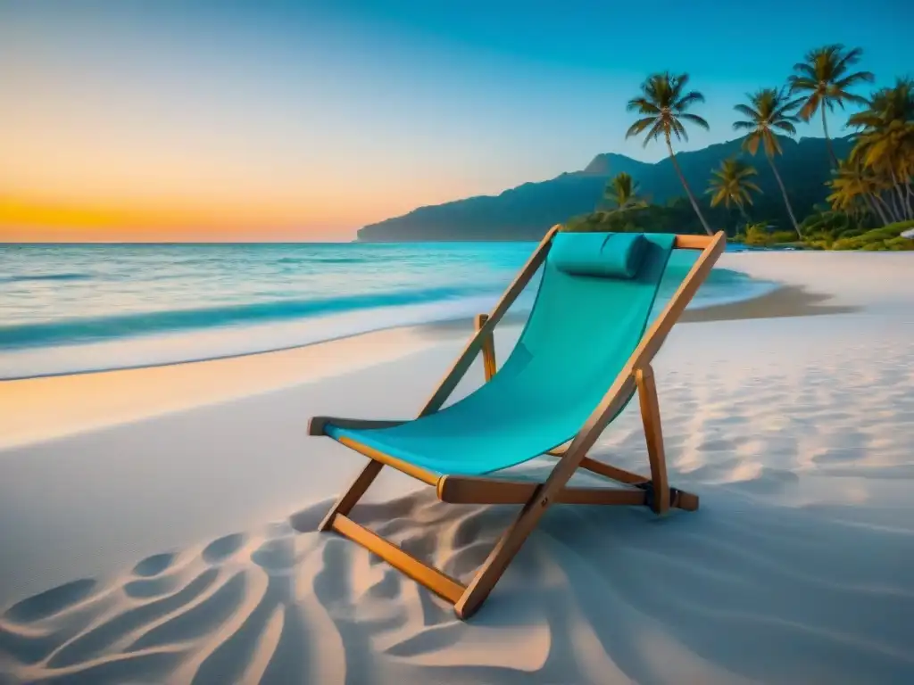 Playa virgen al amanecer: silla minimalista frente al mar Playa virgen al amanecer, con arena blanca, aguas turquesa, una silla minimalista vacía y palmeras