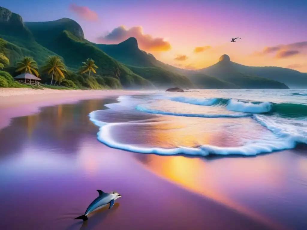 Paraíso costero virgen al atardecer con delfines y aves marinas Playa virgen al atardecer con delfines, gaviotas y bosque, reflejando leyes contaminación costera impacto hogar