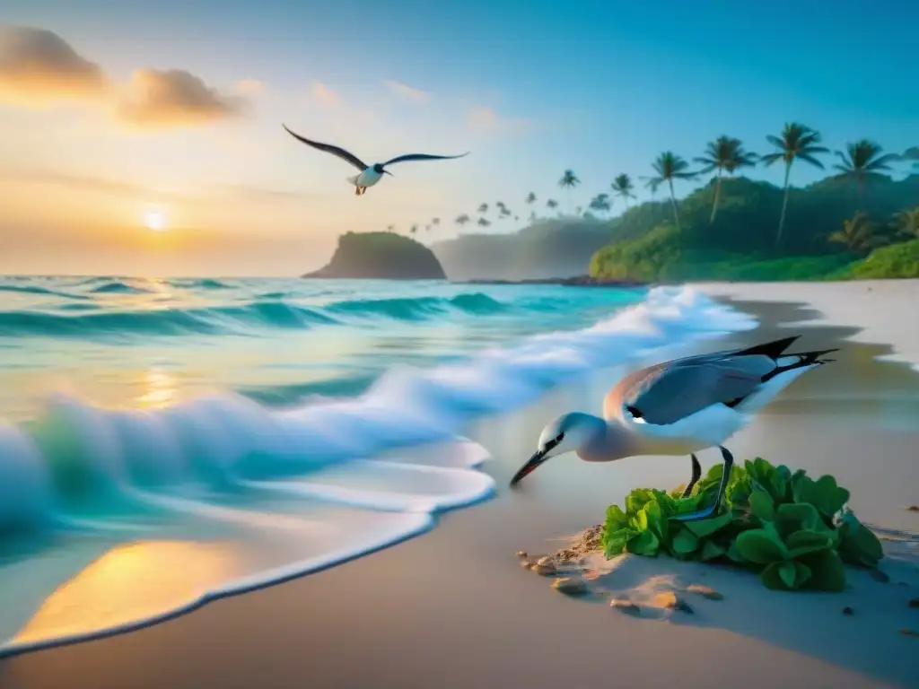 Paraíso costero al amanecer: belleza natural y preservación ambiental Playa virgen al amanecer con aves marinas, mar turquesa y vegetación exuberante