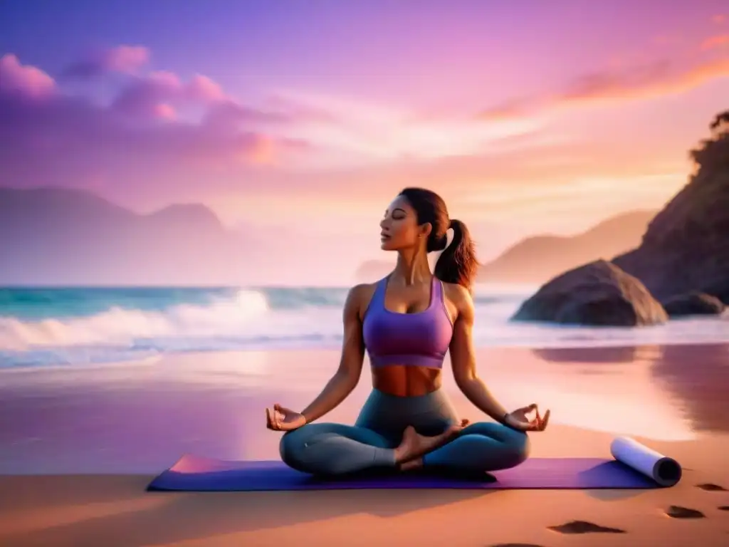 Playa serena al amanecer: yoga en la arena Práctica de yoga en la playa al amanecer, beneficios para cuerpo y mente