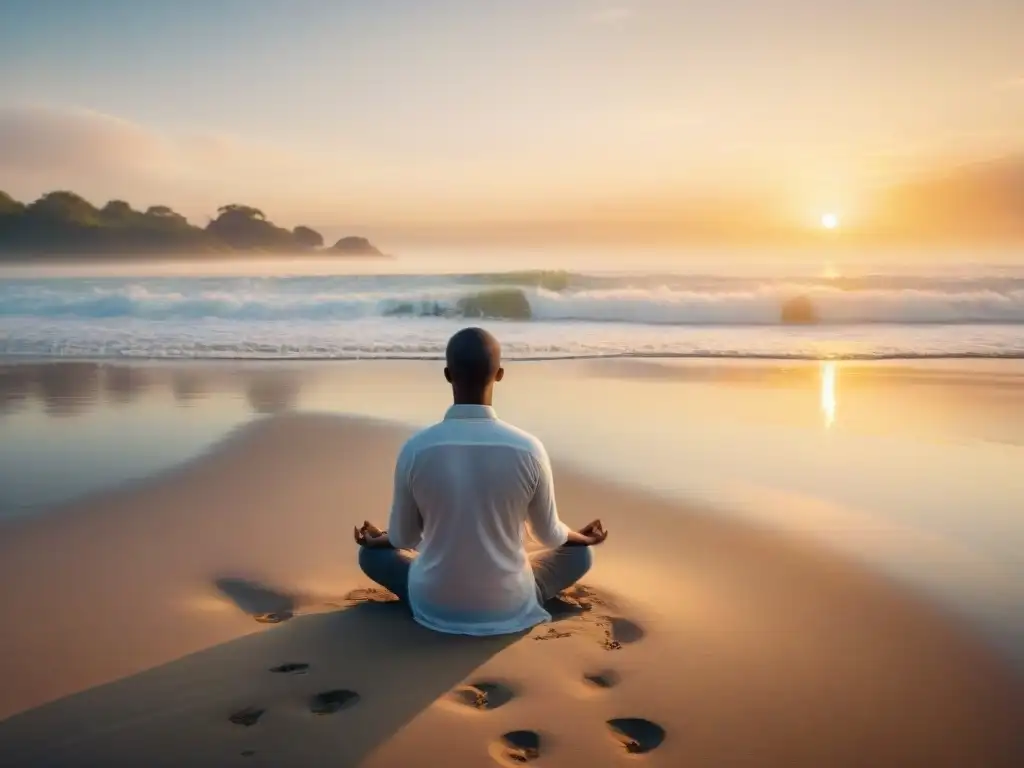 Meditación al amanecer en la playa Meditación en playa al amanecer, mejora bienestar con olas suaves y gaviotas en cielo despejado