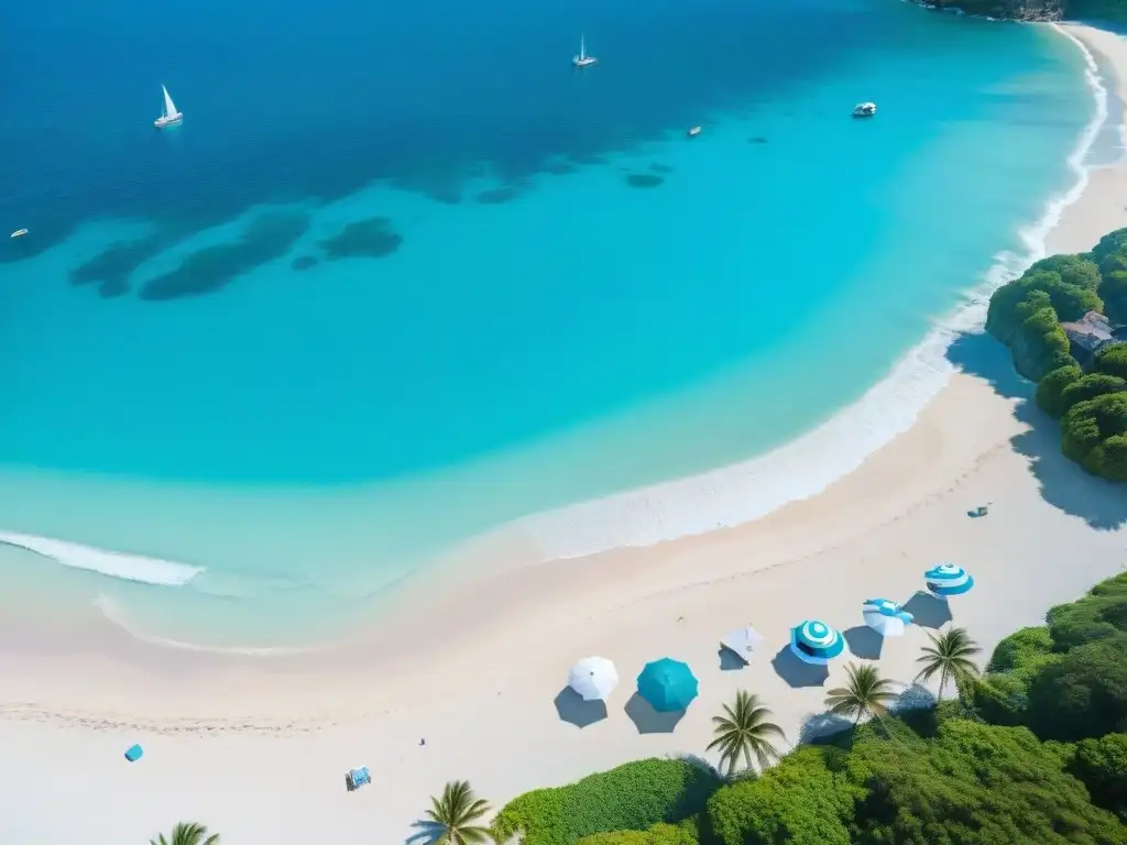Playa paradisíaca con palmeras y aguas turquesa Playa costera paradisíaca con palmeras, sombrillas y turquesas aguas cristalinas, ideal para vacaciones costeras