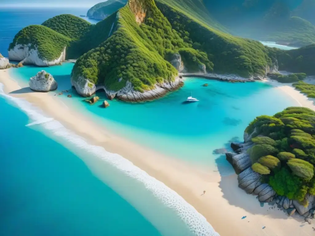 Paraíso costero: playa escondida de aguas turquesas y naturaleza exuberante Playa escondida con aguas turquesas, vegetación exuberante y formaciones rocosas únicas