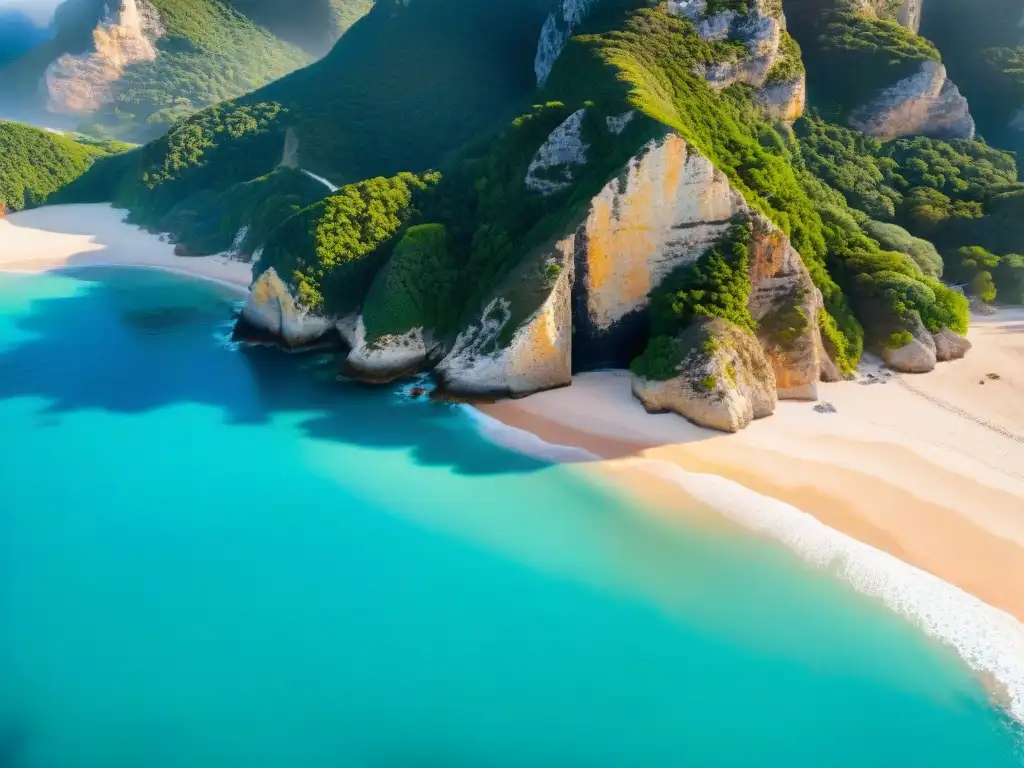 Paraíso secreto: playa virgen y exuberante, aguas turquesas Una playa exclusiva con aguas turquesa, rodeada de vegetación y un acantilado majestuoso