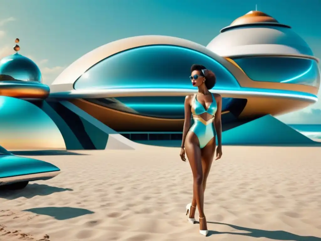 Playa futurista: Fusión de Pasado y Tecnología Una playa futurista con trajes de baño vintage tendencia, tecnología avanzada y arquitectura moderna