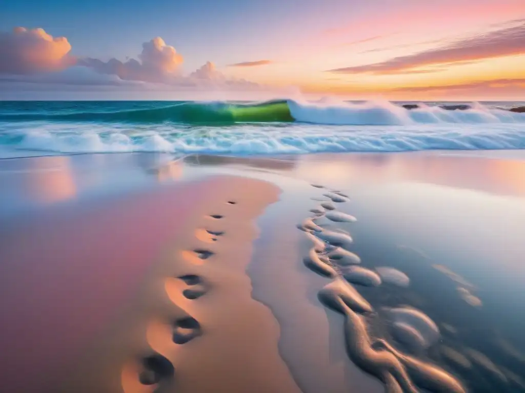 Costa prístina al amanecer: huellas hacia la sostenibilidad Playa al amanecer con huella carbono reducida en propiedades costeras