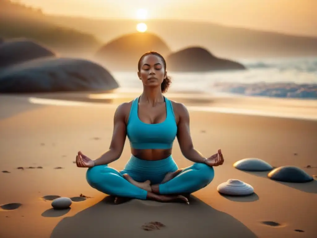 Yoga al amanecer: práctica serena en la playa Sesión de yoga en la playa al amanecer, con un instructor guiando a un grupo en posturas de yoga en la suave arena