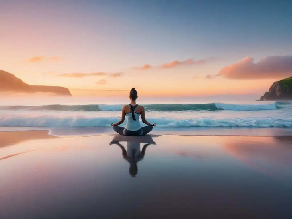 Playa virgen al amanecer: Yoga en armonía Playa virgen al amanecer con olas suaves reflejando el cielo pastel