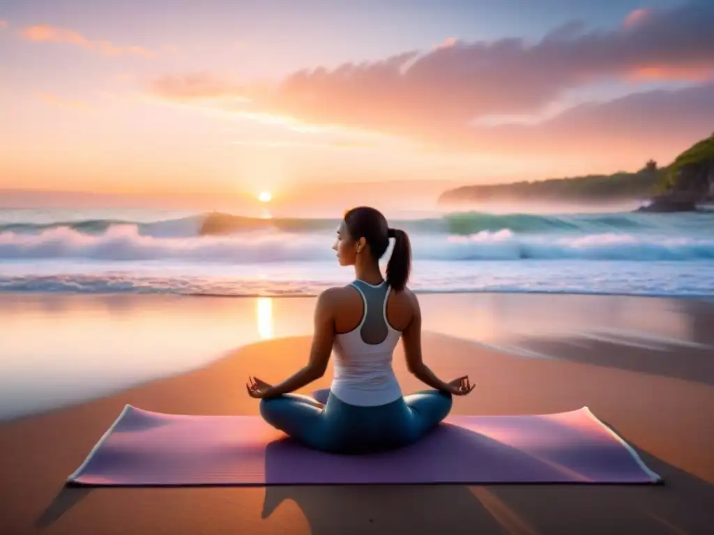 Yoga al amanecer: paz y conexión en la playa Practica yoga en la playa al amanecer, con olas suaves y colores pastel en el cielo