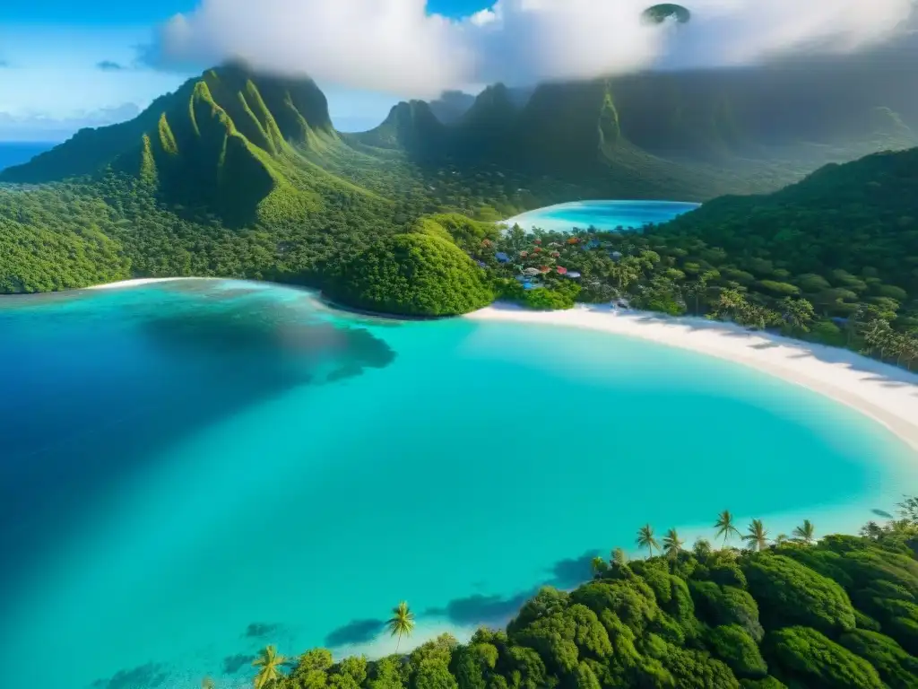 Paraíso tropical: playa de aguas turquesas y arrecife de coral Playa paradisíaca con aguas turquesas, arena blanca, arrecife de coral y montañas verdes