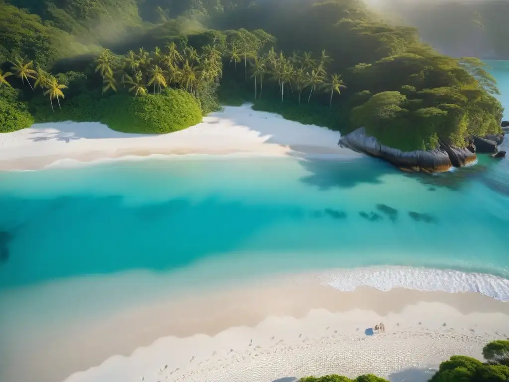 Playa paradisíaca: lujo y serenidad en destino exclusivo Playa paradisíaca con aguas turquesas y palmeras, ideal para destinos costeros de lujo