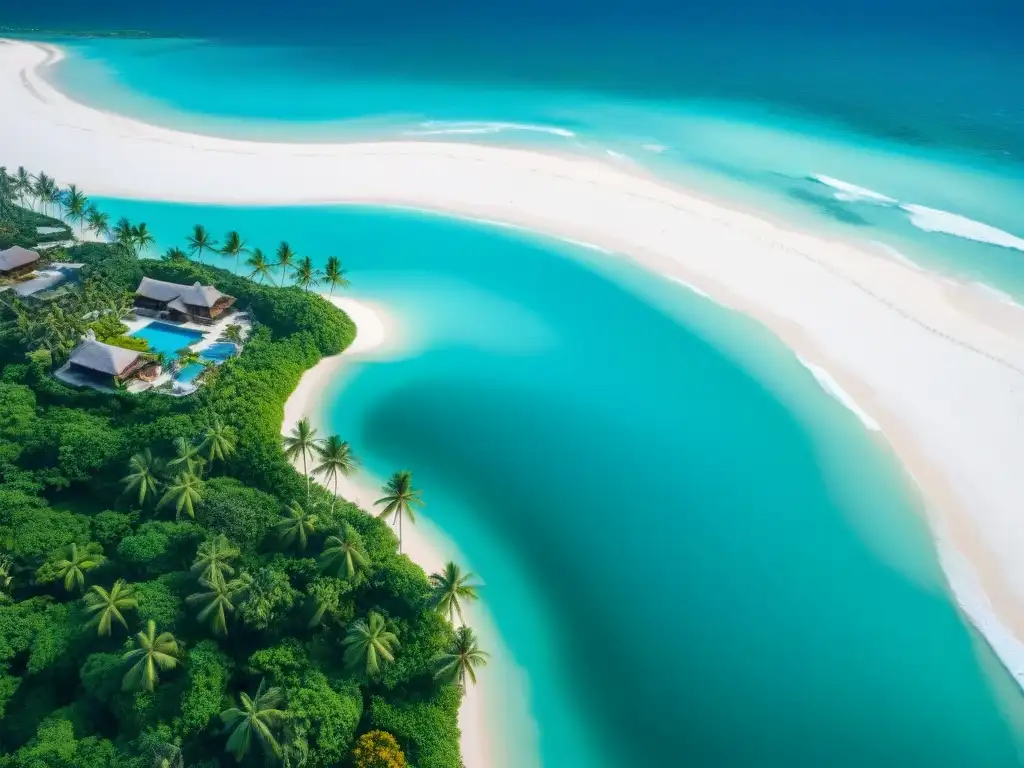 Paraíso playero: casas de lujo en la playa Playa paradisíaca con aguas turquesas, palmeras y casas lujosas