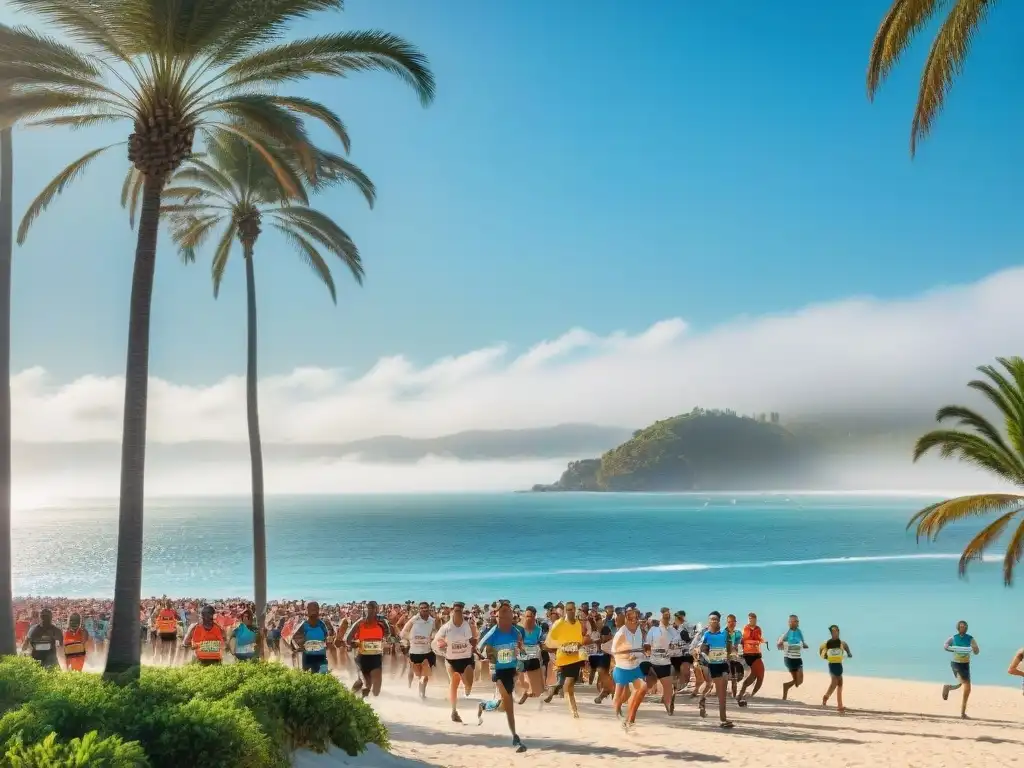 Maratón playero: diversión y energía bajo el sol Maratón en la playa con participantes diversos corriendo junto al mar, palmeras y banners de eventos deportivos en propiedades costeras