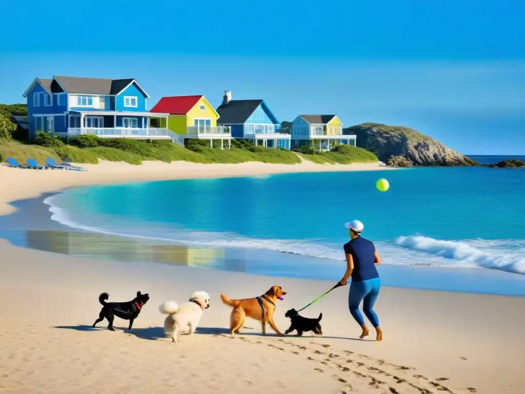 Playa paradisíaca para mascotas: diversión en familia bajo el sol Una playa perfecta para vacaciones con mascotas: perros felices jugando en la arena, olas suaves y cielo azul