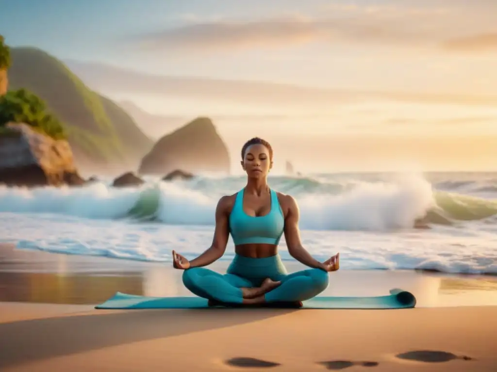 Yoga en la playa al amanecer: conexión y serenidad Sesión de yoga en la playa al amanecer, con personas en diversas posturas