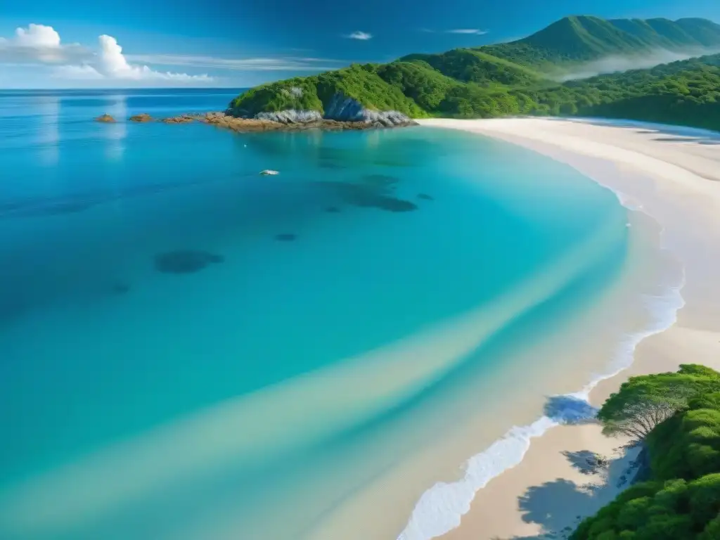 Paraíso costero sostenible: playa prístina y turismo responsable Playa prístina con aguas turquesas y bosque verde que se une al mar