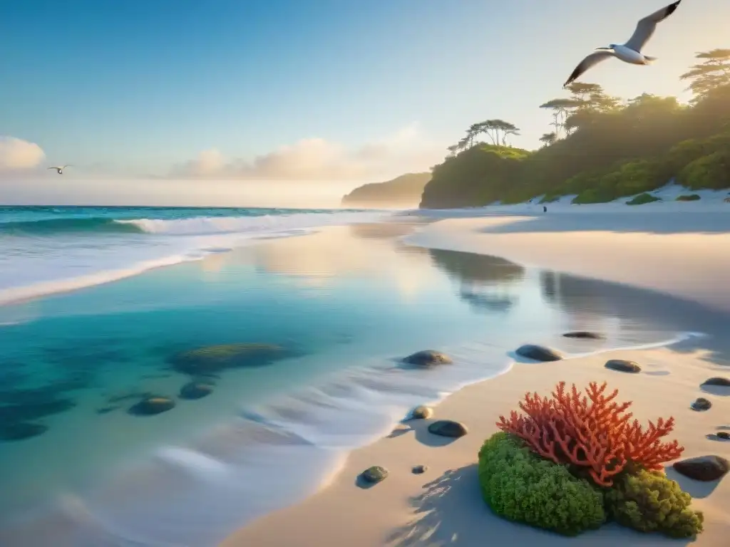 Playa prístina al amanecer: turismo sostenible y limpieza ecológica Playa prístina al amanecer, con arrecife de coral vibrante bajo el agua