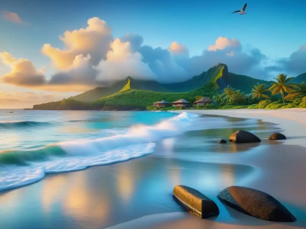 Paraíso tropical: playa virgen al amanecer Playa prístina al amanecer con olas suaves, vegetación exuberante y flores tropicales