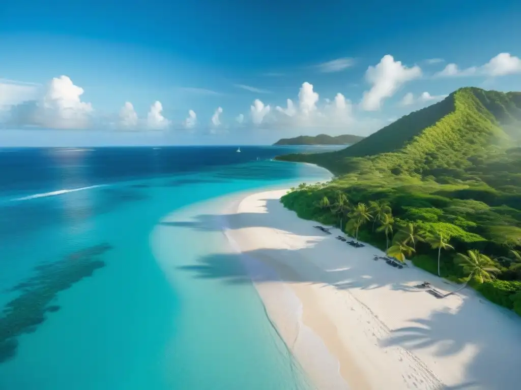 Paraíso caribeño: playa de ensueño con aguas turquesas, palmeras y amor Una playa caribeña privada con aguas turquesas, palmeras y villas de lujo