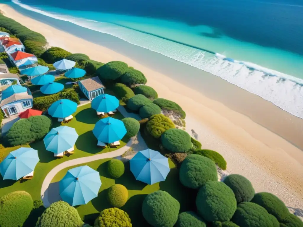 Playa paradisíaca con sombrillas coloridas y propiedades costeras Playa serena con aguas turquesa, sombrillas coloridas y propiedades costeras