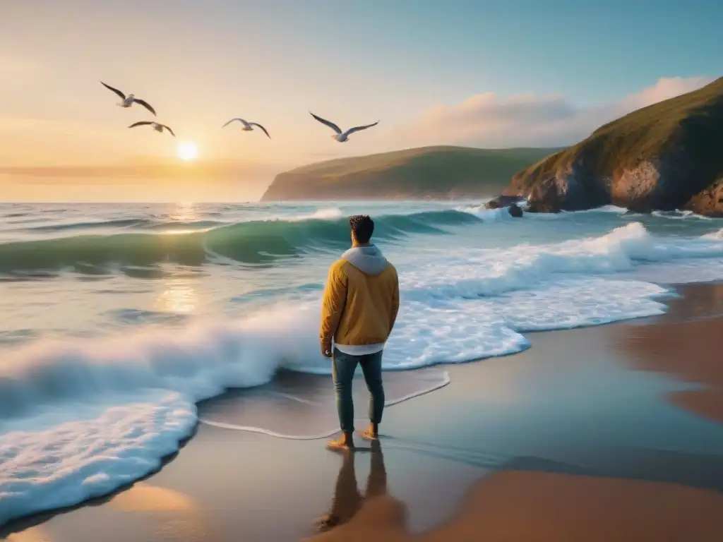 Paisaje costero al atardecer: oleaje sereno y gaviotas Playa serena al atardecer con olas suaves y gaviotas, beneficios sonido olas cerebro