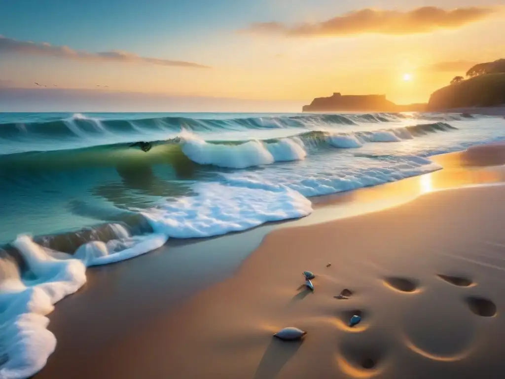 Puesta de sol en la playa: serenidad y calma Una playa serena al atardecer, con olas suaves bajo un cielo pastel