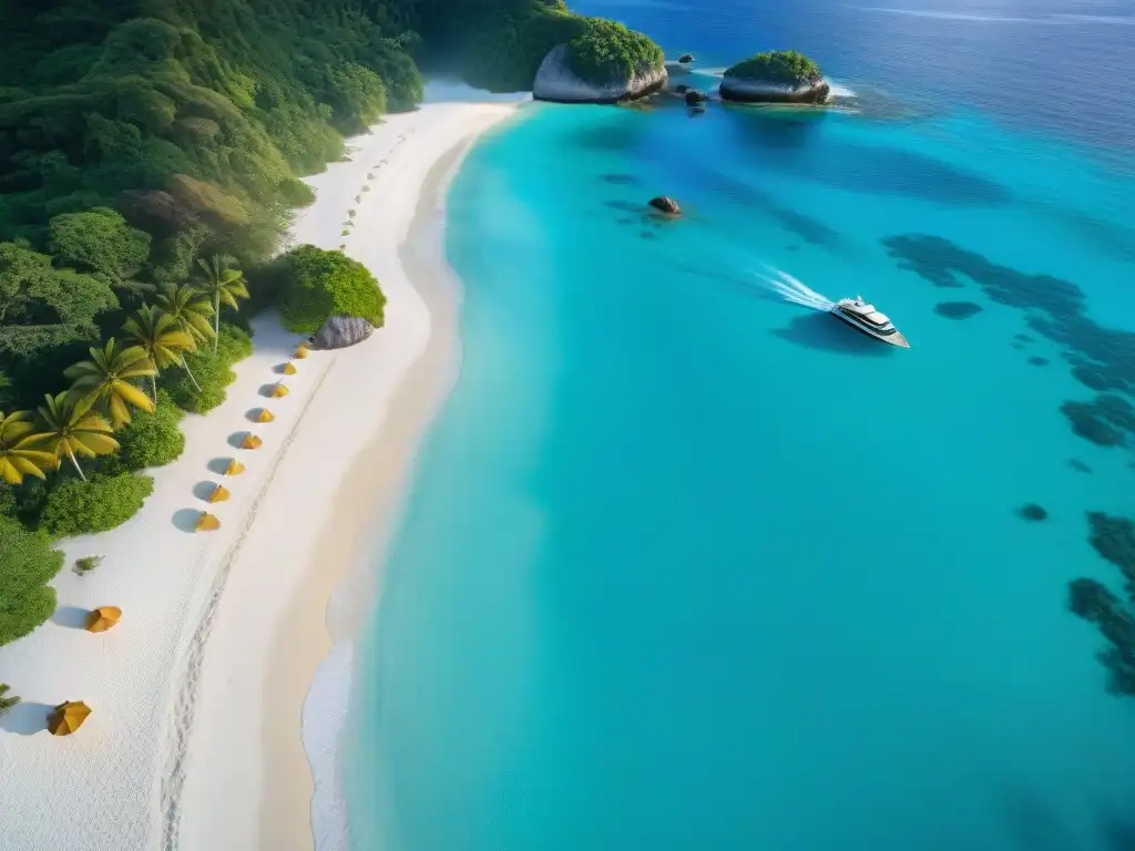 Paraíso caribeño de lujo: playa exclusiva con aguas turquesas y yate Playa serena y lujosa en el Caribe con aguas turquesas cristalinas, arena blanca y palmeras