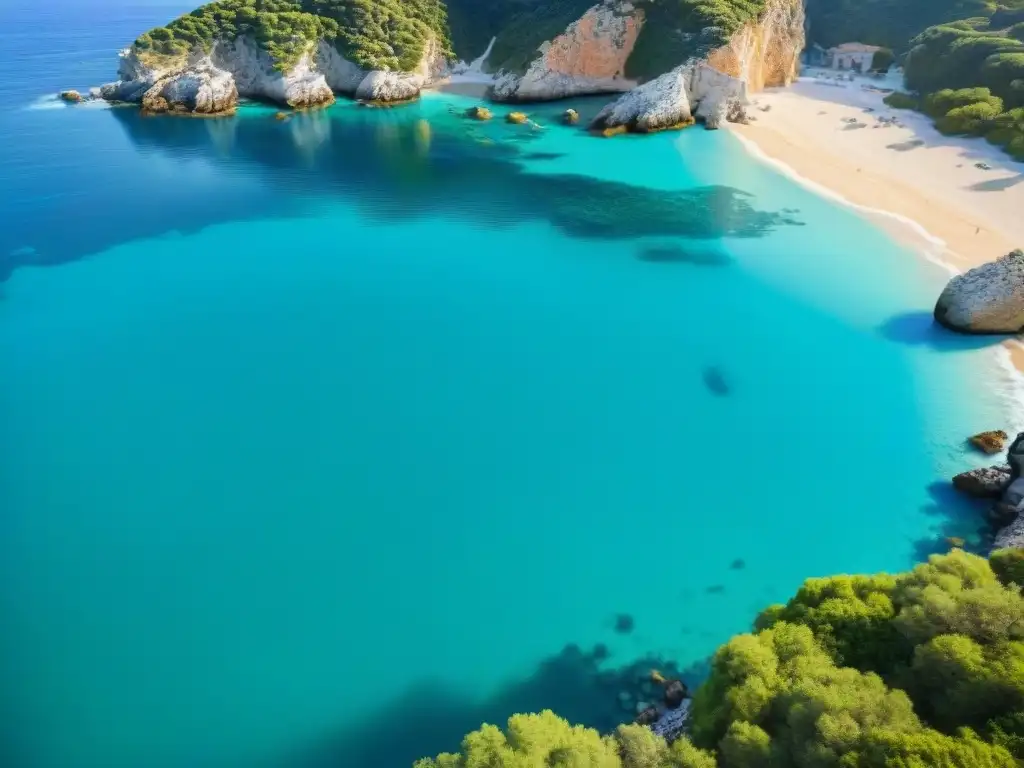 Paraíso secreto: Bahía turquesa en la costa mediterránea Playa serena y lujosa en el mundo: Una cala escondida con aguas turquesas, arena blanca, vegetación exuberante y acantilados