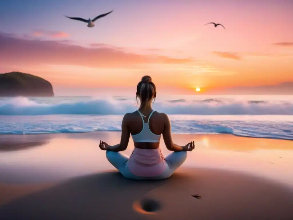 Playa serena al amanecer: yoga en la arena Playa serena al amanecer con práctica de yoga en la arena y gaviotas en el cielo: restauración de propiedades costeras sostenible
