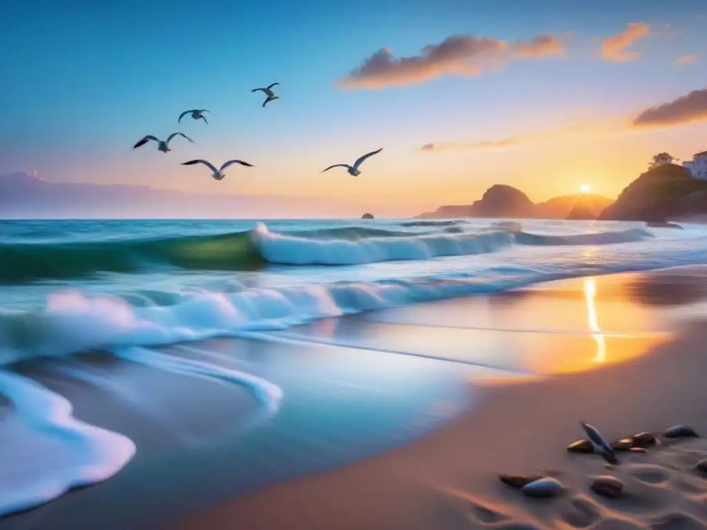 Amanecer sereno en la playa: paz y tranquilidad Playa serena al amanecer con tonos pastel en el cielo y gaviotas en vuelo