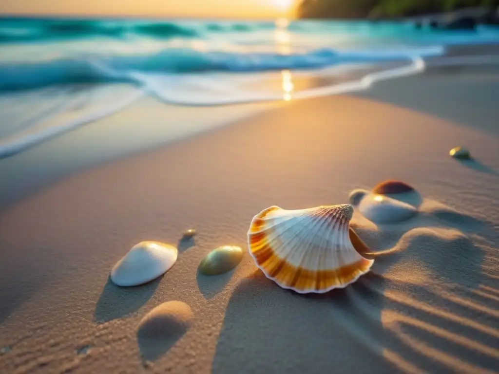 Playa paradisíaca al amanecer: arena, conchas y palmera solitaria Playa solitaria al amanecer con conchas, y una palmera solitaria