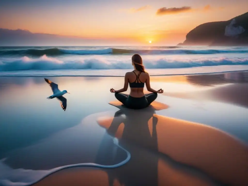 Puesta de sol en la playa: relajación y serenidad Una playa tranquila al atardecer con olas suaves, gaviotas en el cielo colorido y una persona practicando yoga en la arena